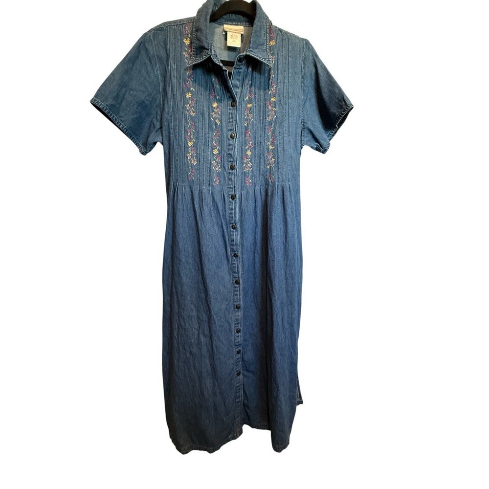 Vtg Embroidered Denim Midi Dress Size L Pockets Button Prairie Cottage Coldwater